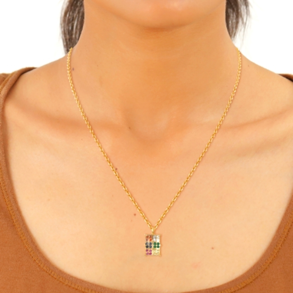 GOLD PLATED STERLING SILVER MULTI COLOR SIMULATED DOPAMINE NECKLACE - Picture 2 of 4